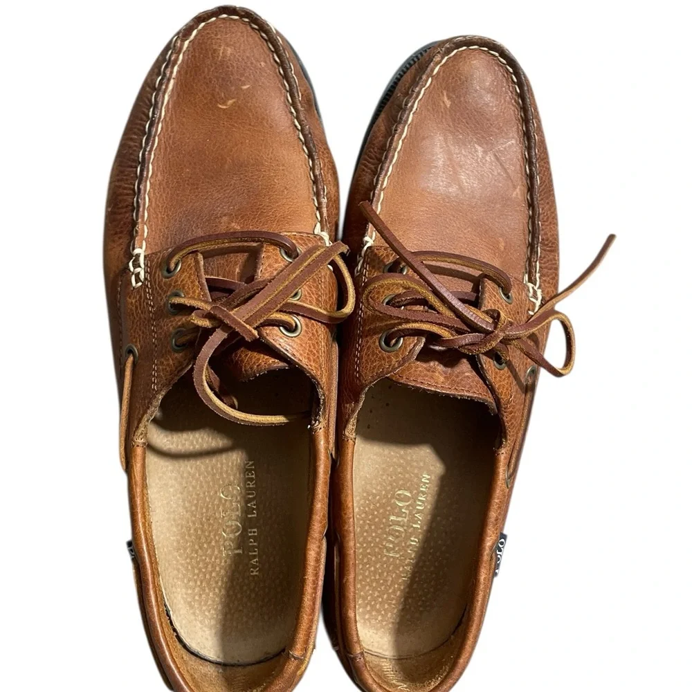 E4- Polo by Ralph Lauren Men's Tan Leather Boat Shoes 10.5D style - Bienne